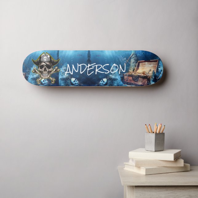 Pirate Blue Skull & Cross Swords Personalised   Sk Skateboard (Wall Art (Horz))