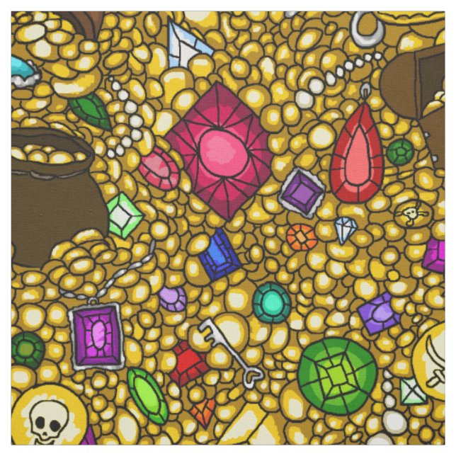 Pirate booty treasure & jewels illustration fabric (Swatch)