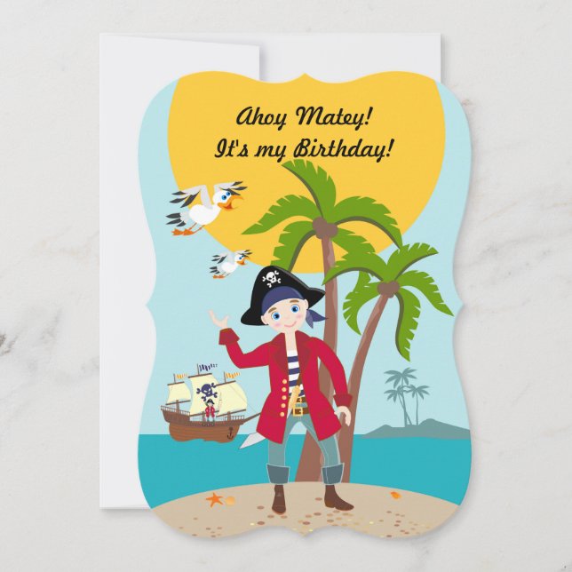 Pirate boy and ship birthday party invitation (Front)
