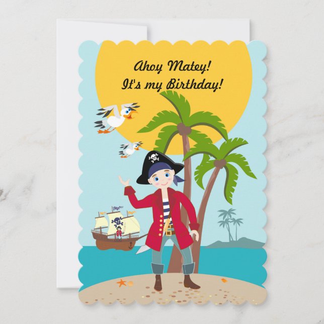 Pirate boy and ship birthday party invitation (Front)