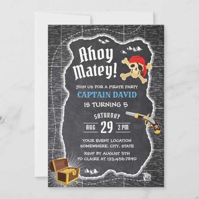 Pirate Boy Birthday Party Chalkboard Adventure Map Invitation (Front)
