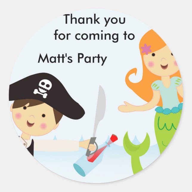 Pirate boy mermaid girl birthday party sticker (Front)