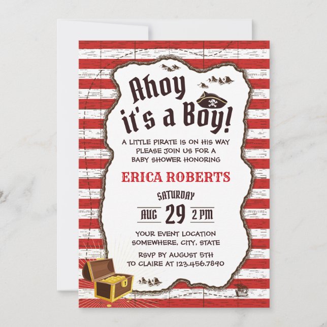 Pirate Boy Red Stripes Adventure Map Baby Shower Invitation (Front)