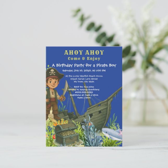 Pirate Boy Tropical fish under the sea Birthday Invitation Postcard (Standing Front)