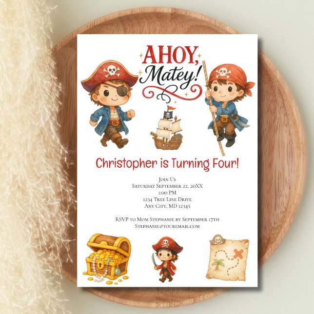 Pirate Boys 4th Birthday Cute Trendy Invitation (Pirate boys 4th birthday party invitation template, Can edit for any age. Toddler boys birthday, kid)