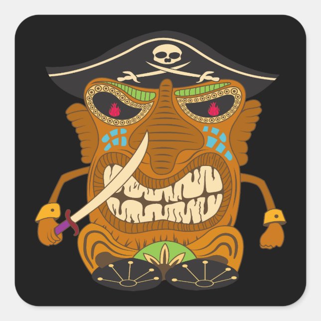 Pirate Captain, Tiki Statue, Funny Black Square Sticker (Front)