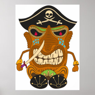 Pirate Captain, Wooden Tiki Statue, Funny Poster