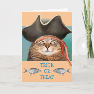 Pirate Cat And Fish Halloween Card