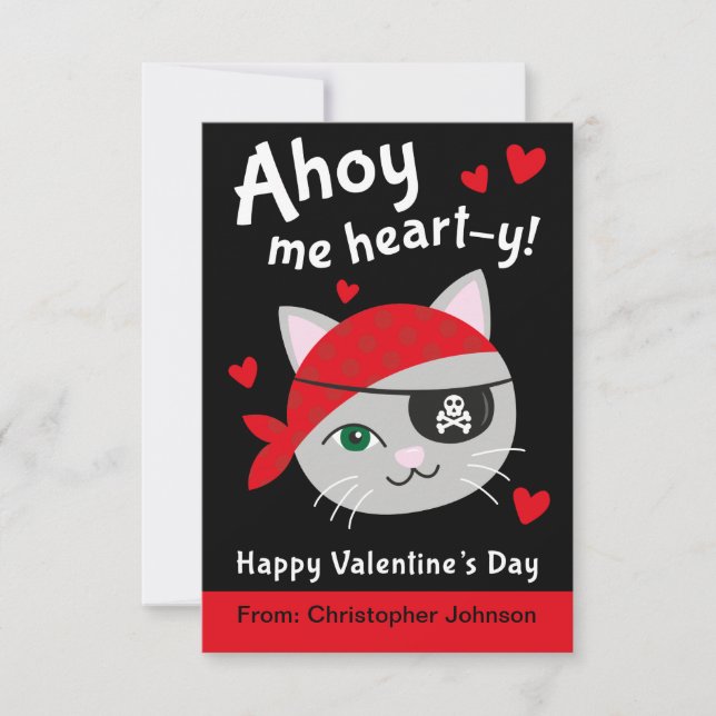Pirate Cat Classroom Valentine Cards for Kids (Front)