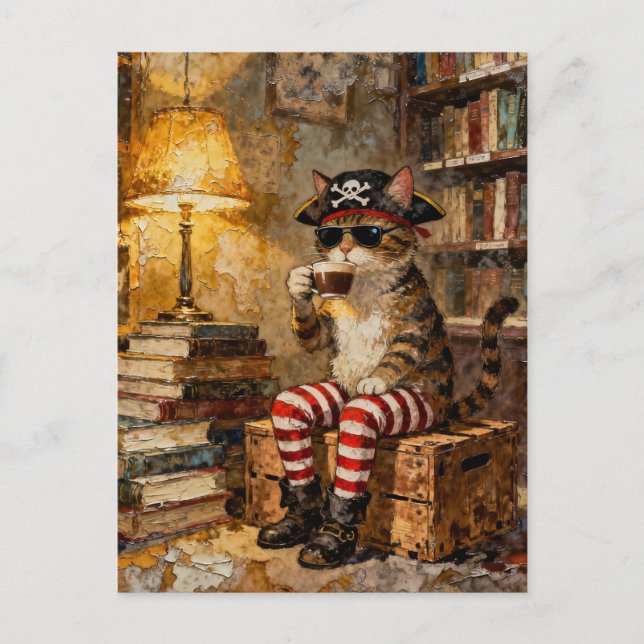 Pirate Cat Enjoys Some Coffee Postcard (Front)