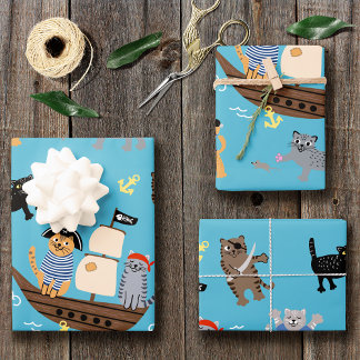 Pirate Cat Pattern for Boy and Girl Kids Birthday Wrapping Paper Sheet