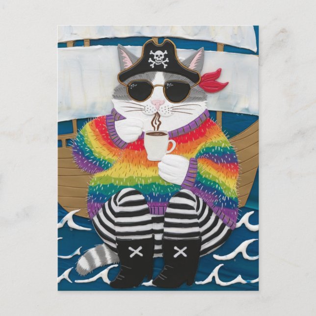 Pirate cat rainbow fuzzy sweater with a coffee postcard (Front)
