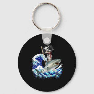 Pirate Cat Riding Shark Surfing Japanese Wave Cat Key Ring