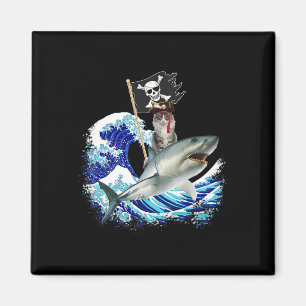 Pirate Cat Riding Shark Surfing Japanese Wave Cat Magnet