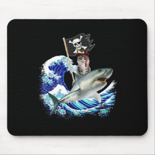 Pirate Cat Riding Shark Surfing Japanese Wave Cat Mouse Pad