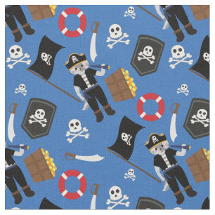 pirate cat skull crossbones blue  fabric