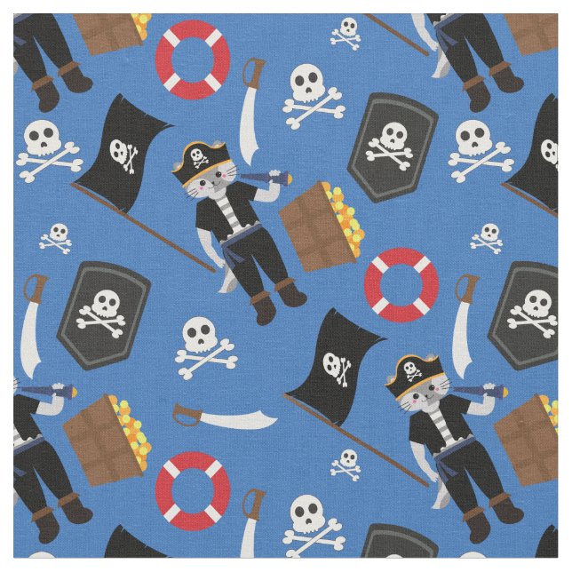 pirate cat skull crossbones blue  fabric (Close Up)