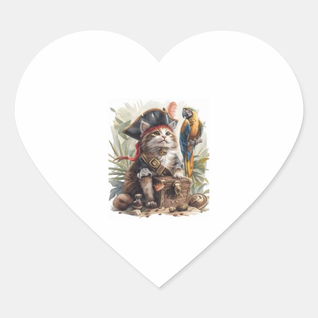 Pirate Cat Treasure Heart Sticker (Front)
