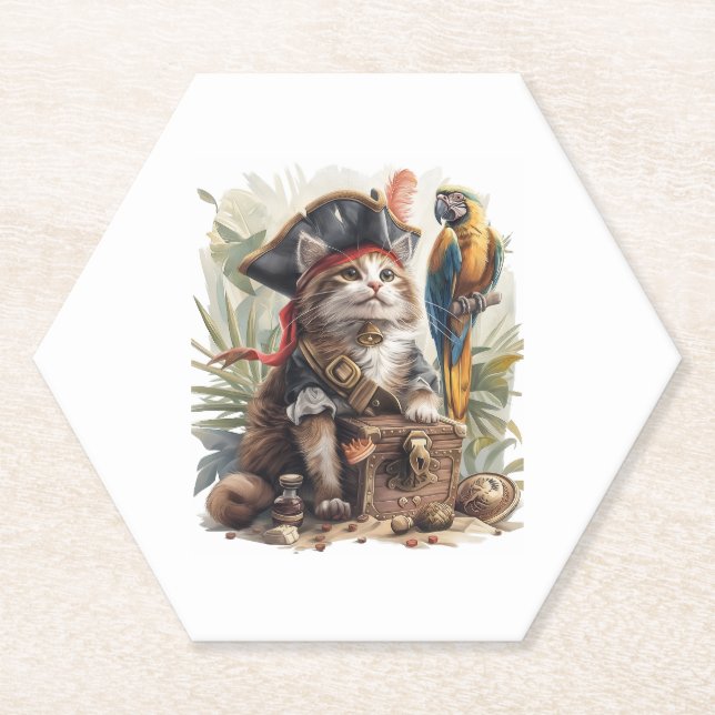 Pirate Cat Treasure Paper Coaster (Front)