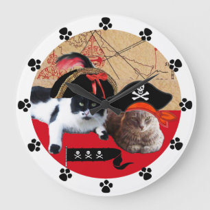 PIRATE CATS AND ANTIQUE PIRATE TREASURE MAPS LARGE CLOCK