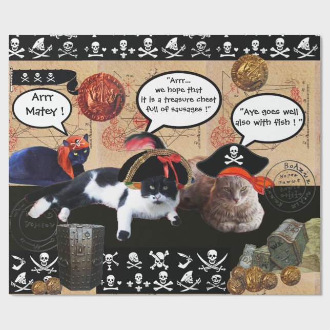PIRATE CATS AND ANTIQUE PIRATES TREASURE MAPS WRAPPING PAPER (Flat)