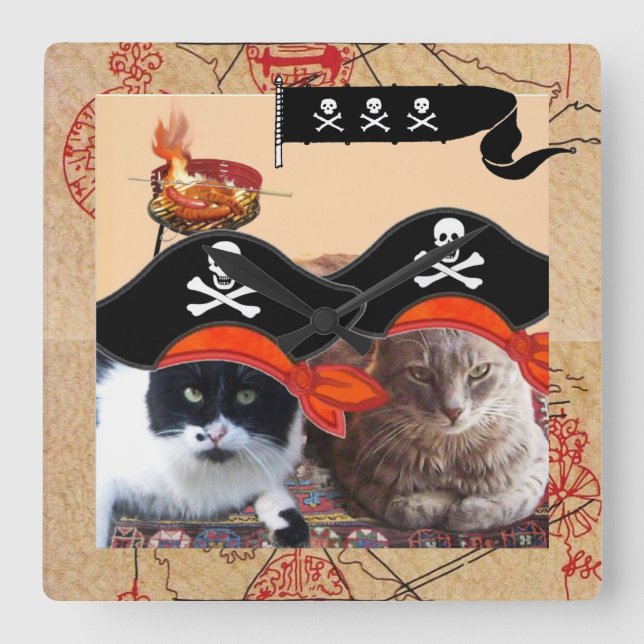 PIRATE CATS ANTIQUE PIRATES TREASURE MAPS AND FLAG SQUARE WALL CLOCK (Front)