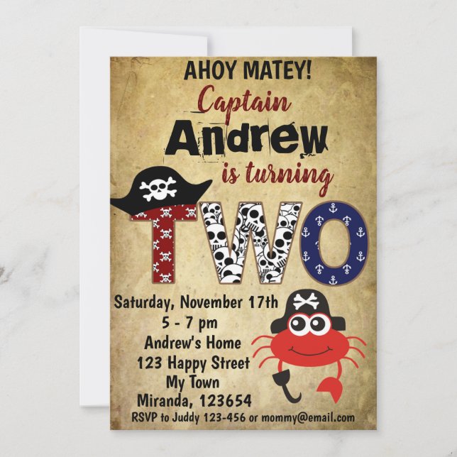 Pirate crab birthday invitations,Pirate Themed Invitation (Front)
