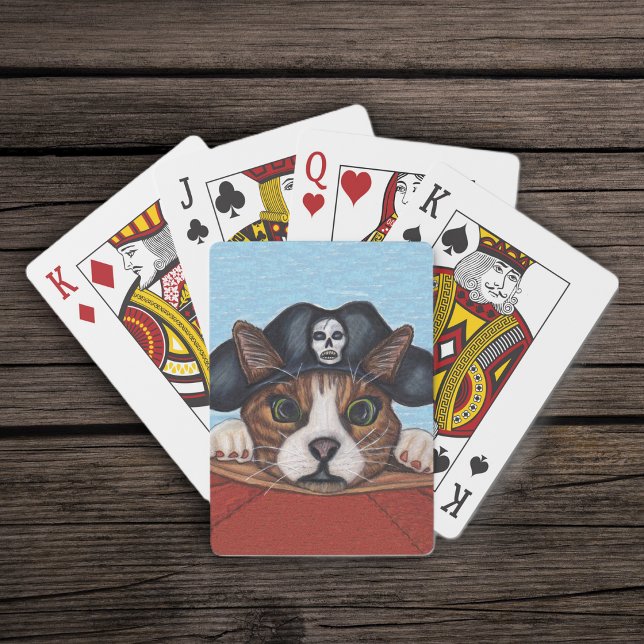 Pirate Cute Surprised Brown Striped Cat Playing Cards (Cute brown cat wearing black pirate hat with skull hanging on red boat on deck of playing cards.)