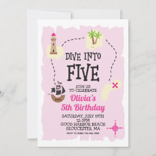 Pirate Dive into Five Pink 5th Birthday Invitation
