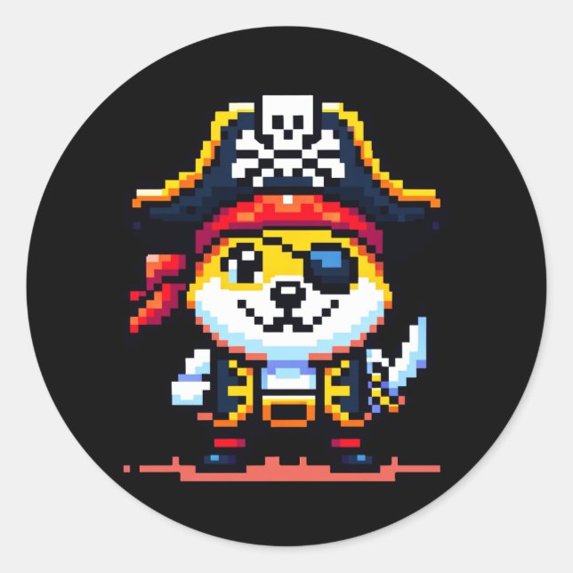Pirate Dog - Funny Pixel Art Adventure Design Classic Round Sticker (Front)
