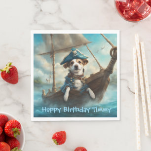 Pirate Dog on a ship at Sea colours blue Birthday Napkin