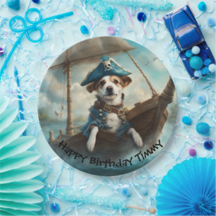 Pirate Dog on a ship at Sea colours blue Birthday Paper Plate