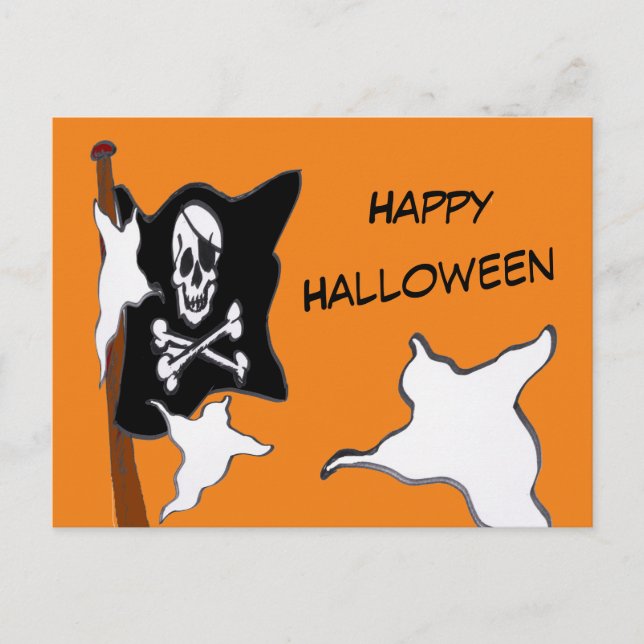 Pirate Flag & Ghosts Cartoon Halloween Postcard (Front)