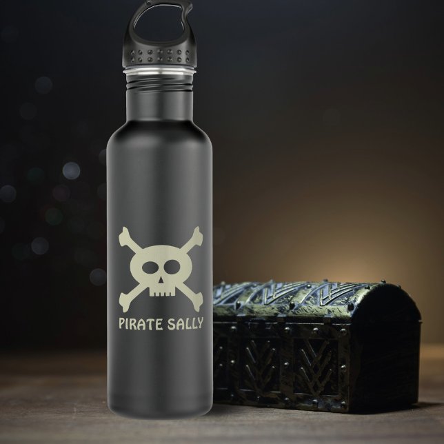 Pirate Flag Skull & Crossbones Black Water Bottle (Yarr! Just add yer name to this cute pirate water bottle and set sail to hydration )