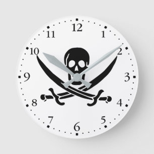 Pirate Flag Skull Crossed Swords Round Clock
