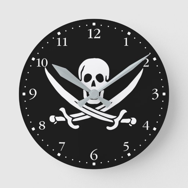 Pirate Flag Skull Crossed Swords Round Clock (Front)