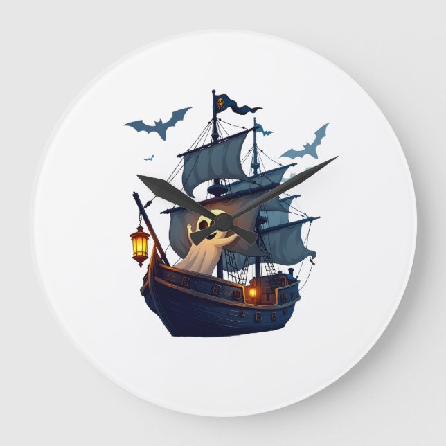 Pirate Ghost Ship � Scary Halloween Tee Large Clock (Front)