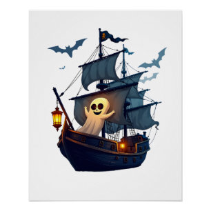 Pirate Ghost Ship � Scary Halloween Tee Poster