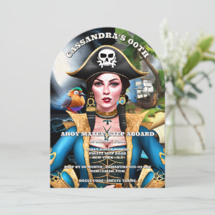 Pirate girl colourful bird island theme party invitation