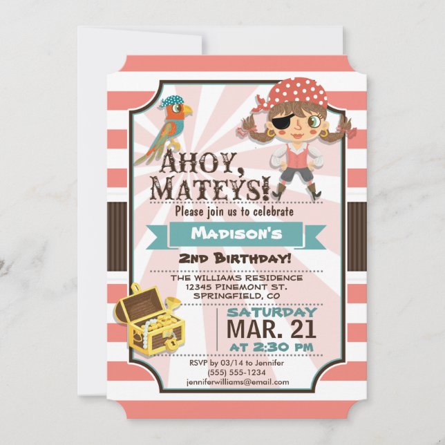 Pirate Girl; Coral Pink & Brown Birthday Party Invitation (Front)