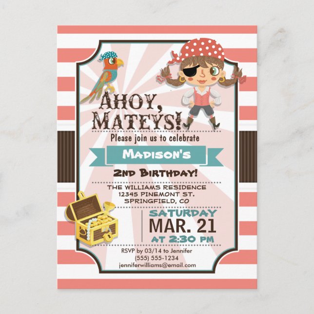 Pirate Girl; Coral Pink & Brown Birthday Party Invitation Postcard (Front)