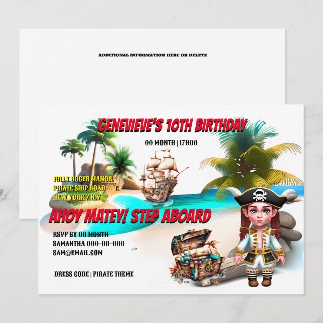 Pirate girl treasure chest tropical island ship invitation (Front/Back)