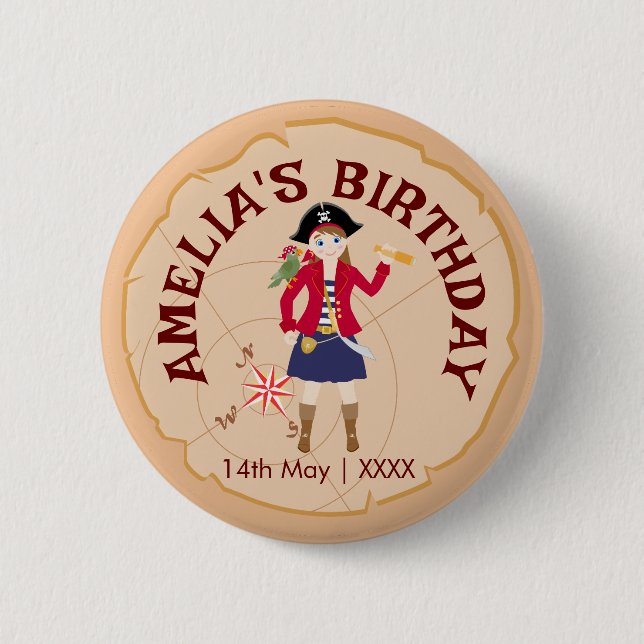Pirate Girl Treasure Map Fun Birthday Party 6 Cm Round Badge (Front)