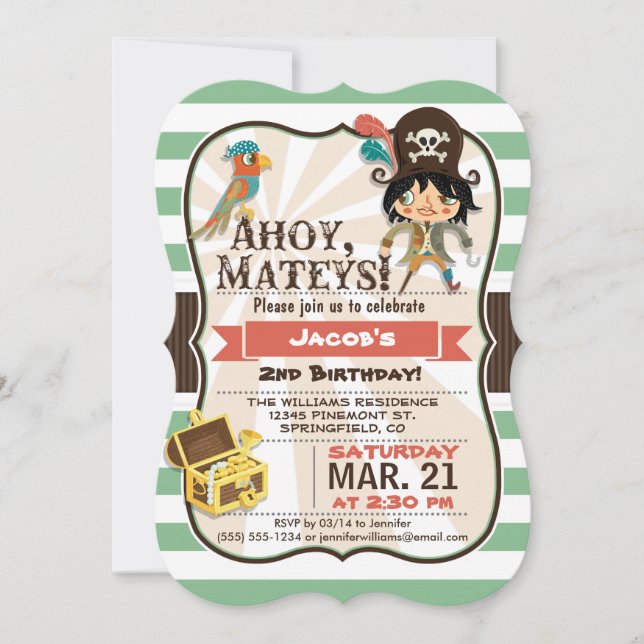 Pirate; Green, Orange, & Brown Birthday Party Invitation (Front)