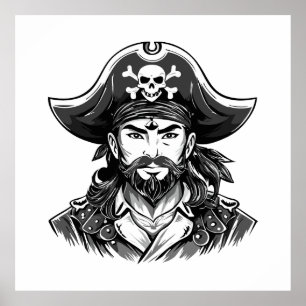 Pirate head with hat sailor and Eye Patch and Bear Poster