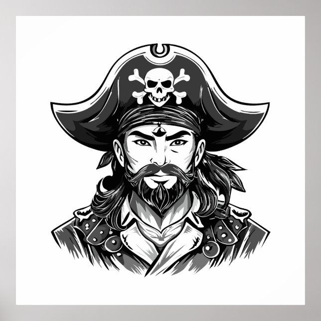 Pirate head with hat sailor and Eye Patch and Bear Poster (Front)