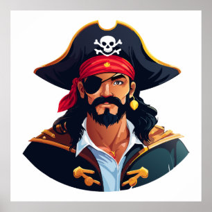 Pirate head with hat sailor and Eye Patch and Bear Poster