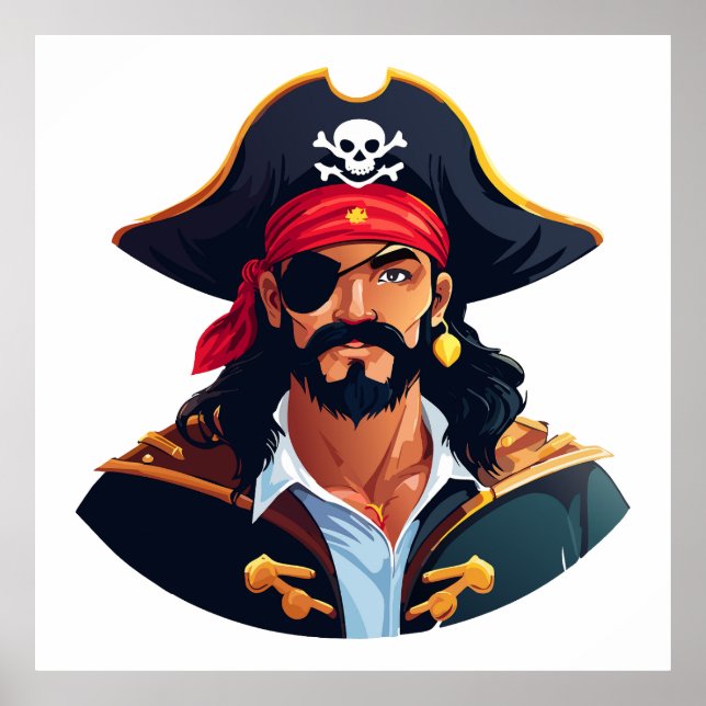 Pirate head with hat sailor and Eye Patch and Bear Poster (Front)