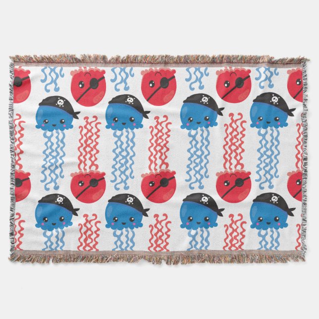 Pirate Jellyfish, Jellyfish Pattern, Sea Animals Throw Blanket (Front)