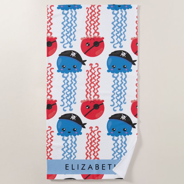 Pirate Jellyfish, Jellyfish Pattern, Your Name Beach Towel (Front)